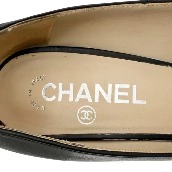Chanel Black Leather CC Logo Cap Toe Chain Platform High